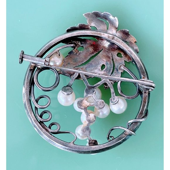 Art Deco Grape Cluster Cultured Pearl Sterling Brooch - Picture 9 of 9